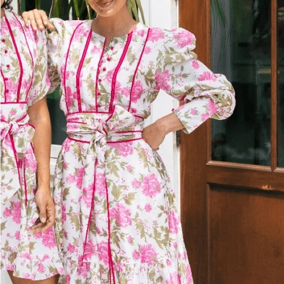 Sue Sartor Athénée Dress Deep Pink/Ivory Floral Cotton Silk Chanderi - Picture 3 of 4